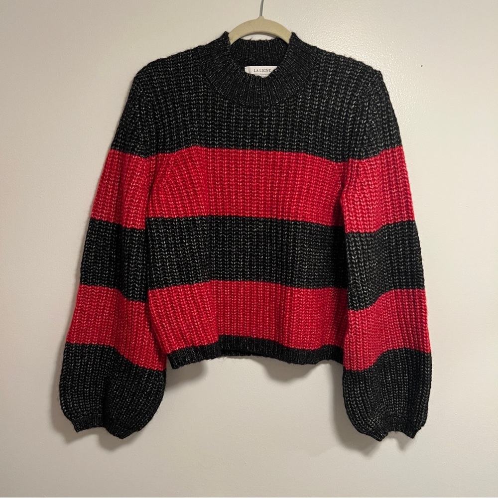 La Ligne Crew Neck Striped Sweater Black Red Medium